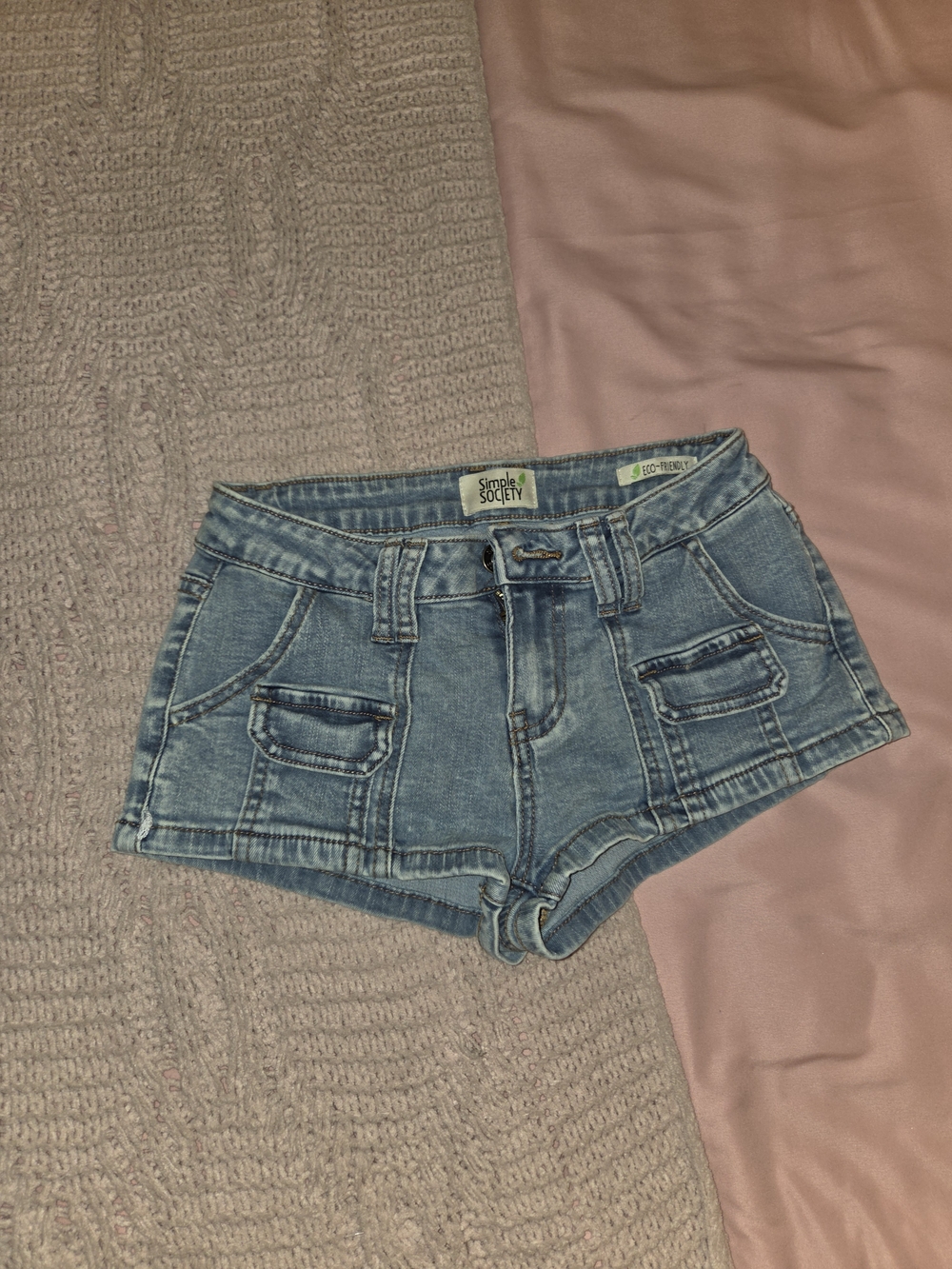 Light Blue Denim Cargo Low Rise  Mini  Shorts for Women